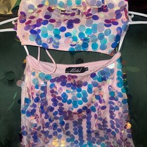 Motel Rocks Pink Iridescent Sequin skirt set